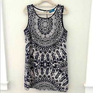 Navy and White Coastal Sleeveless Patterned Dress Size L